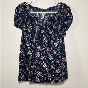 St Johns Bay Womens Medium Petite Short Sleeve Blue Floral‎ V Neck Blouse